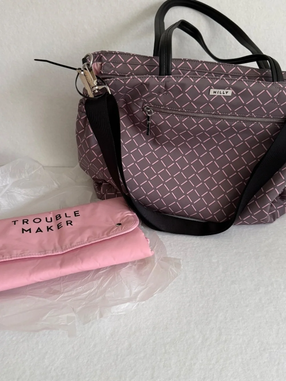 NWT Milly Luxe Baby Diaper Bag with Changing Pad in Gray and Pink